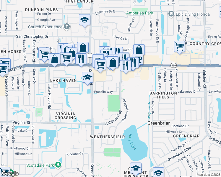 map of restaurants, bars, coffee shops, grocery stores, and more near 1007 Vineyard Court in Dunedin