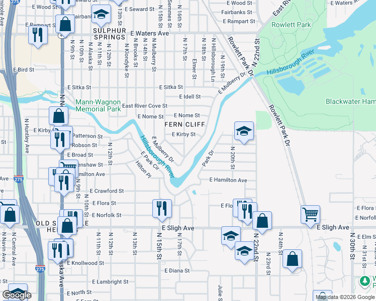 map of restaurants, bars, coffee shops, grocery stores, and more near 1706 East Mulberry Drive in Tampa
