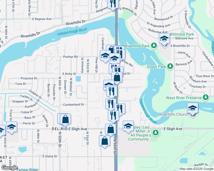 map of restaurants, bars, coffee shops, grocery stores, and more near 7507 Pitch Pine Circle in Tampa