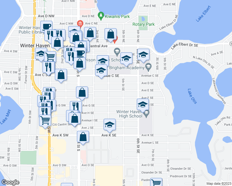 map of restaurants, bars, coffee shops, grocery stores, and more near 428 Avenue East Southeast in Winter Haven