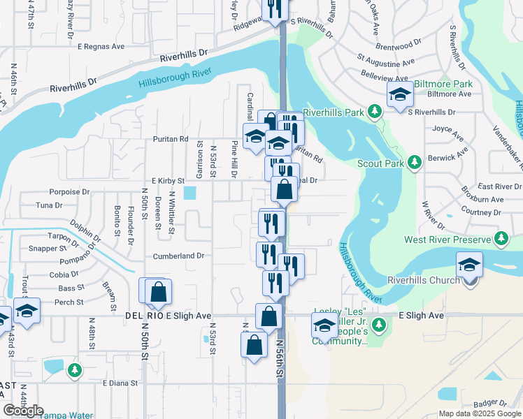 map of restaurants, bars, coffee shops, grocery stores, and more near 5508 Pokeweed Court in Tampa