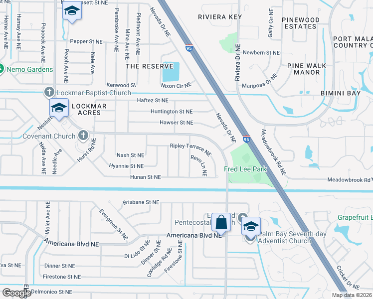 map of restaurants, bars, coffee shops, grocery stores, and more near 898 Ripley Terrace Northeast in Palm Bay