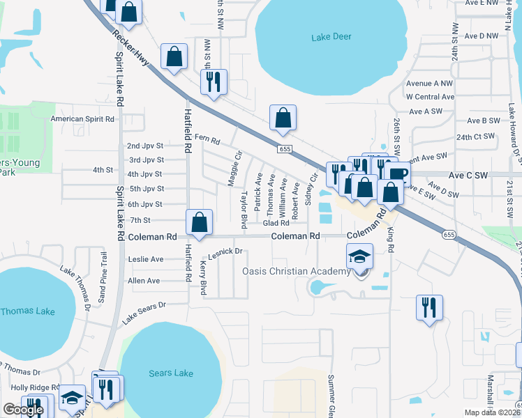 map of restaurants, bars, coffee shops, grocery stores, and more near 507 Patrick Avenue in Winter Haven
