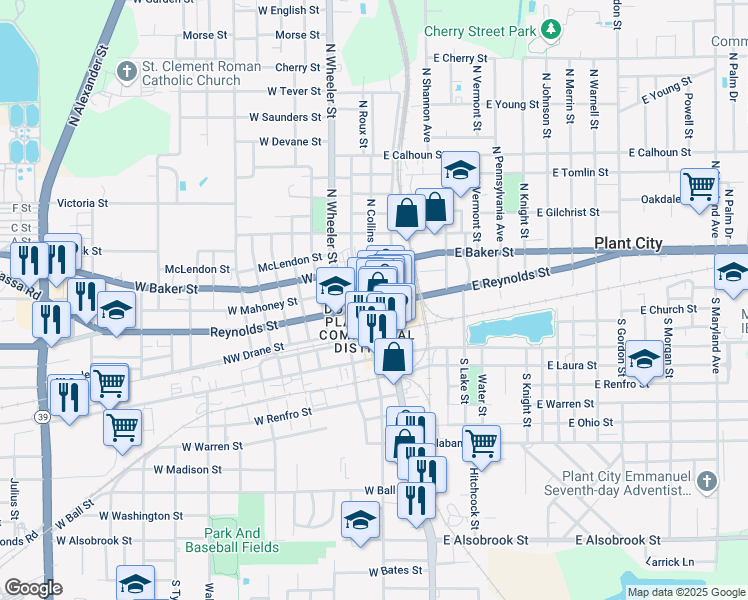 map of restaurants, bars, coffee shops, grocery stores, and more near 212 North Collins Street in Plant City