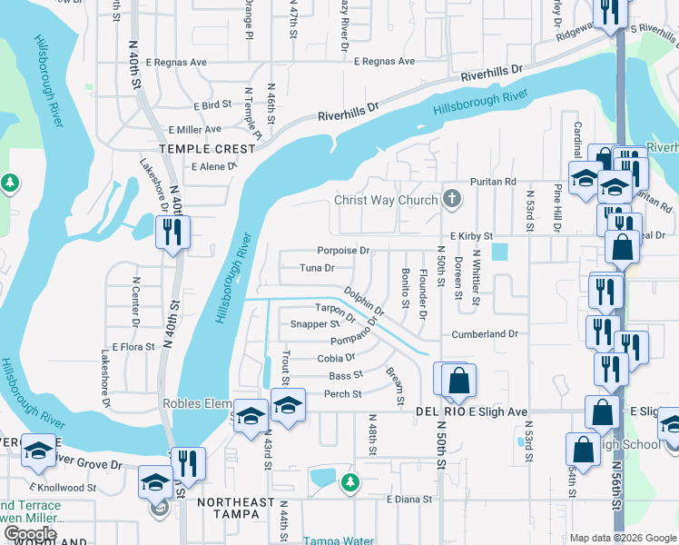 map of restaurants, bars, coffee shops, grocery stores, and more near 4426 Tuna Drive in Tampa