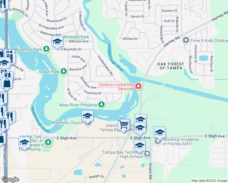 map of restaurants, bars, coffee shops, grocery stores, and more near 610 Courtney Drive in Tampa