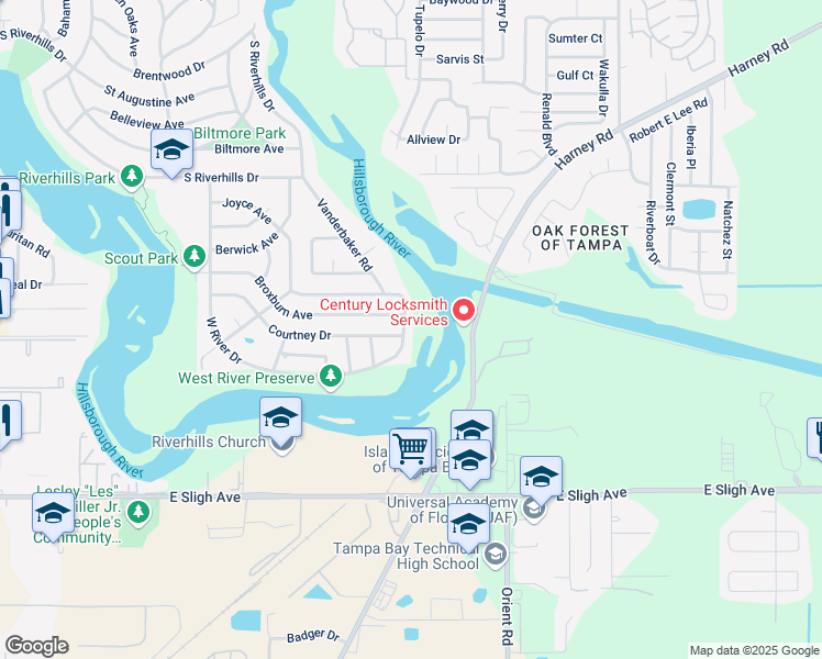 map of restaurants, bars, coffee shops, grocery stores, and more near 1127 West River Drive in Tampa