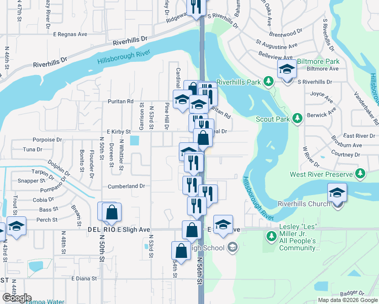 map of restaurants, bars, coffee shops, grocery stores, and more near 7507 Pitch Pine Circle in Tampa