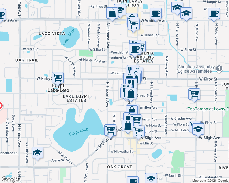 map of restaurants, bars, coffee shops, grocery stores, and more near 3 North Arrawana Avenue in Tampa