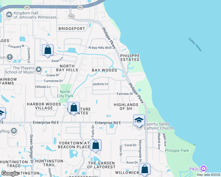 map of restaurants, bars, coffee shops, grocery stores, and more near 6 Clearview Drive in Safety Harbor