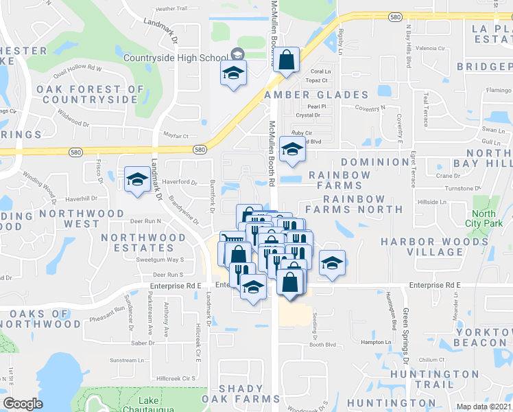map of restaurants, bars, coffee shops, grocery stores, and more near 3062 Eastland Boulevard in Clearwater