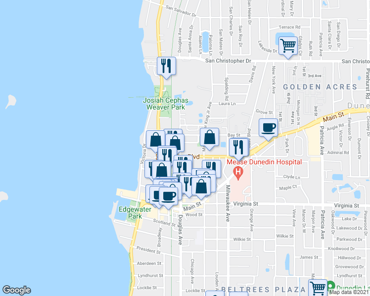 map of restaurants, bars, coffee shops, grocery stores, and more near 1040 Douglas Avenue in Dunedin