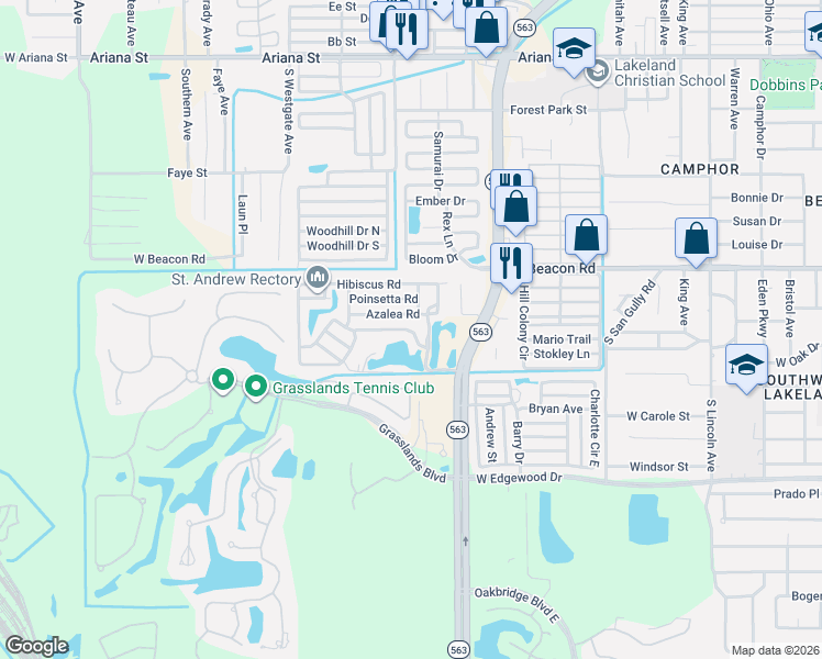map of restaurants, bars, coffee shops, grocery stores, and more near 2 Azalea Road in Lakeland