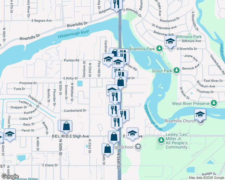 map of restaurants, bars, coffee shops, grocery stores, and more near 7507 Pitch Pine Circle in Tampa