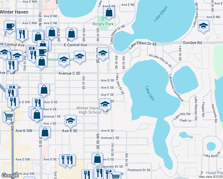 map of restaurants, bars, coffee shops, grocery stores, and more near 635 Avenue East Southeast in Winter Haven