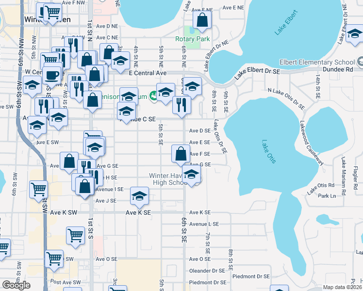 map of restaurants, bars, coffee shops, grocery stores, and more near 548 6th Street Southeast in Winter Haven