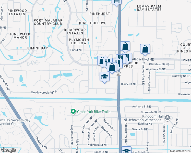 map of restaurants, bars, coffee shops, grocery stores, and more near 620 Cedar Side Circle Northeast in Palm Bay