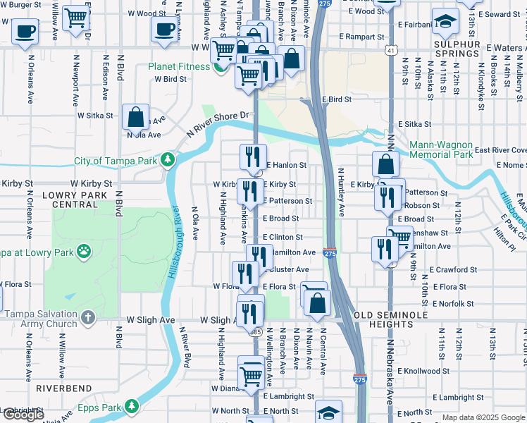 map of restaurants, bars, coffee shops, grocery stores, and more near in Tampa
