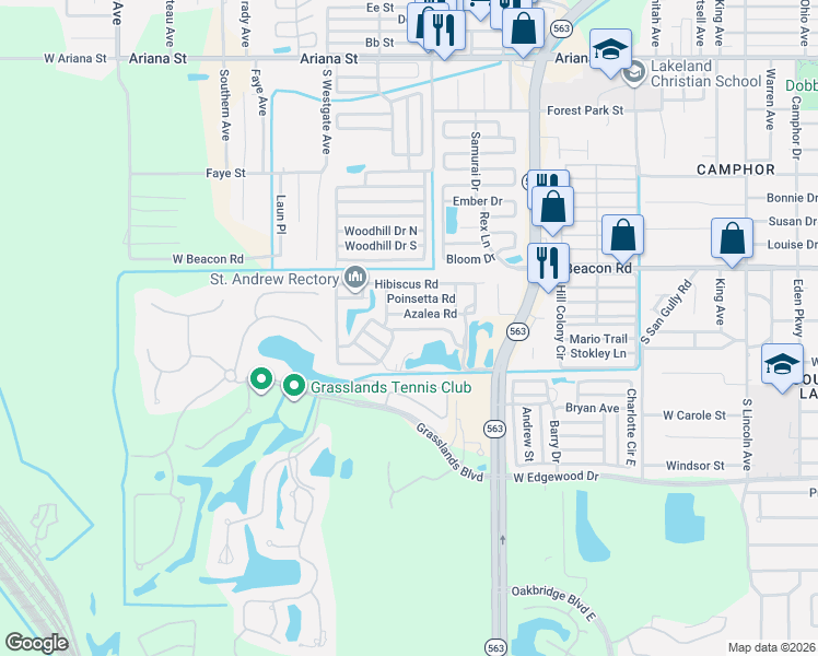 map of restaurants, bars, coffee shops, grocery stores, and more near Azalea Rd in Lakeland