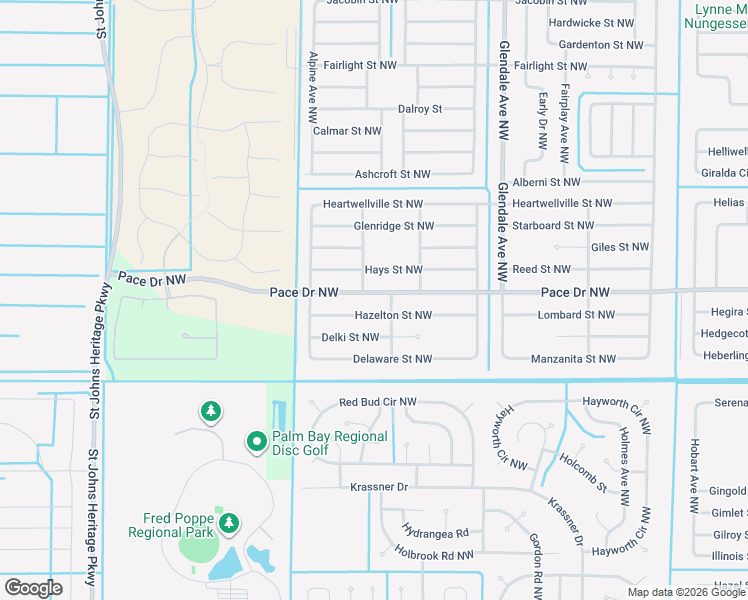 map of restaurants, bars, coffee shops, grocery stores, and more near 1817 Pace Drive Northwest in Palm Bay