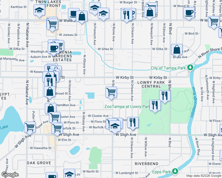 map of restaurants, bars, coffee shops, grocery stores, and more near 7601 North Rome Avenue in Tampa