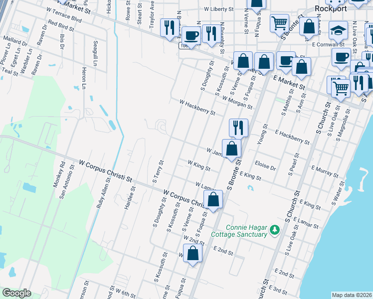 map of restaurants, bars, coffee shops, grocery stores, and more near 529 South Kossuth Street in Rockport
