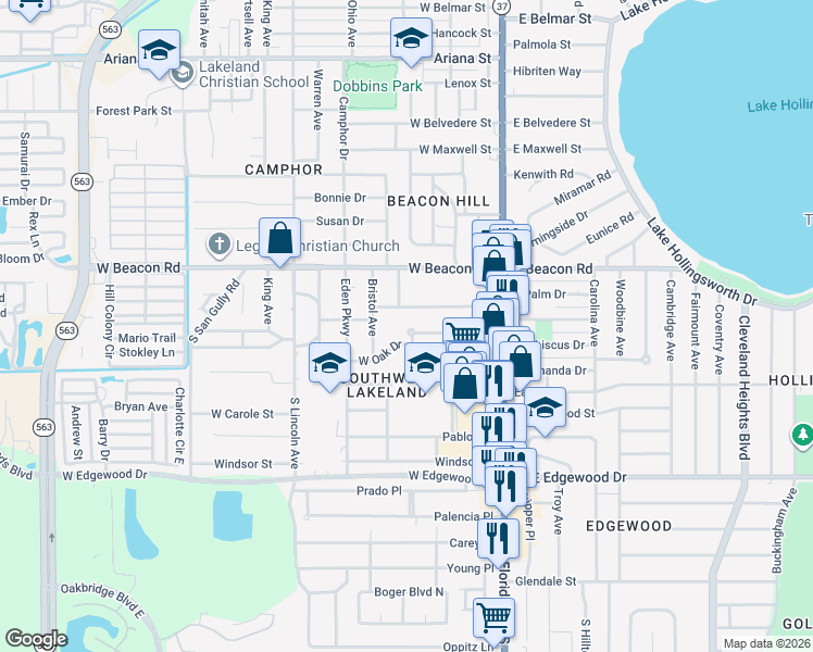 map of restaurants, bars, coffee shops, grocery stores, and more near 2311 Circle Drive in Lakeland
