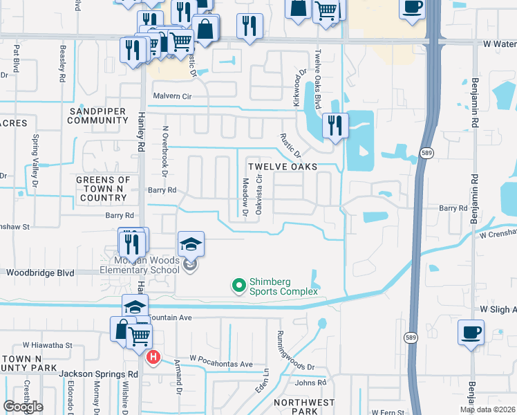 map of restaurants, bars, coffee shops, grocery stores, and more near 7440 Oakvista Circle in Tampa