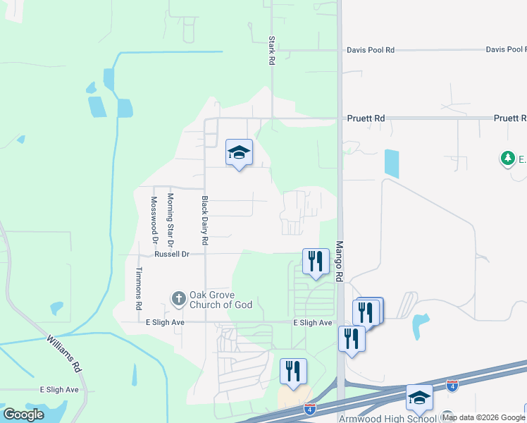 map of restaurants, bars, coffee shops, grocery stores, and more near 11327 Brightwood Drive in Seffner
