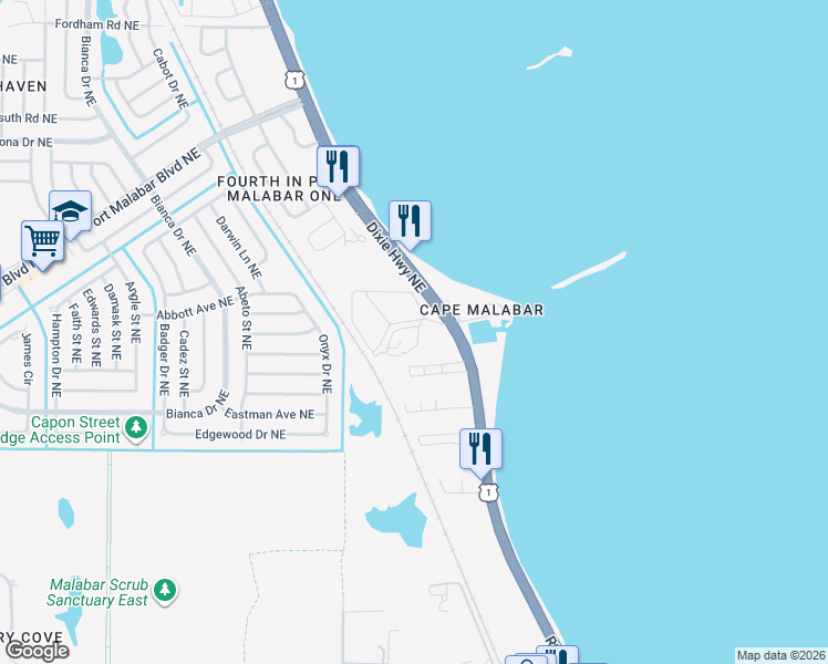 map of restaurants, bars, coffee shops, grocery stores, and more near 700-744 Wildbriar Road Northeast in Palm Bay