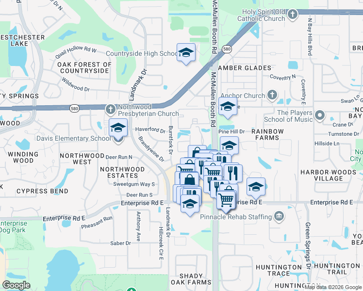 map of restaurants, bars, coffee shops, grocery stores, and more near 3040 Eastland Boulevard in Clearwater