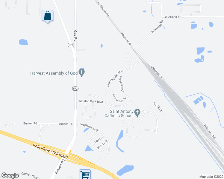 map of restaurants, bars, coffee shops, grocery stores, and more near 3291 Bayou Bay Drive in Lakeland