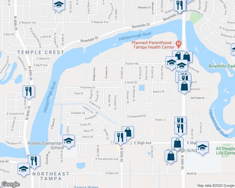 map of restaurants, bars, coffee shops, grocery stores, and more near 7131 Flounder Drive in Tampa