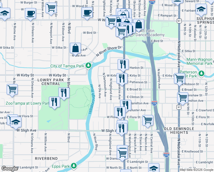 map of restaurants, bars, coffee shops, grocery stores, and more near 7510 North Dartmouth Avenue in Tampa