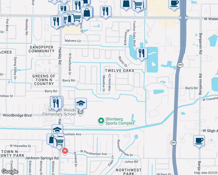 map of restaurants, bars, coffee shops, grocery stores, and more near 7440 Oakvista Circle in Tampa
