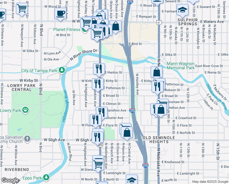 map of restaurants, bars, coffee shops, grocery stores, and more near 202 East Broad Street in Tampa
