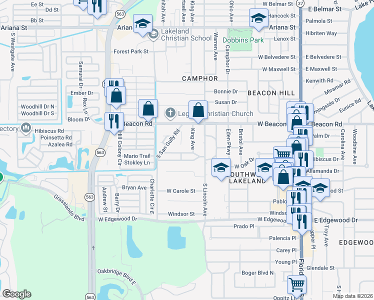 map of restaurants, bars, coffee shops, grocery stores, and more near 831 Golden Rule Court North in Lakeland