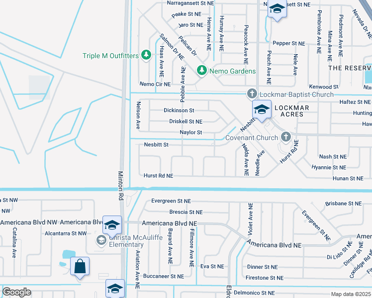 map of restaurants, bars, coffee shops, grocery stores, and more near 191 Nesbitt Street Northeast in Palm Bay