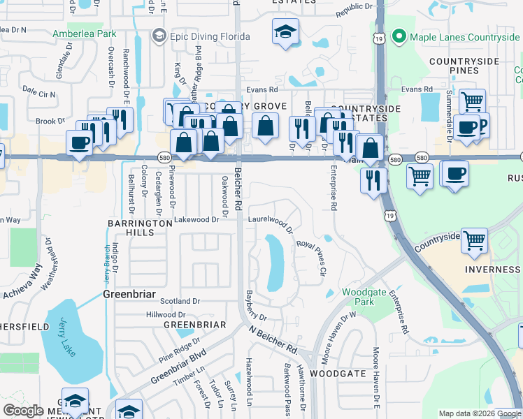 map of restaurants, bars, coffee shops, grocery stores, and more near 2217 Sequoia Drive in Clearwater