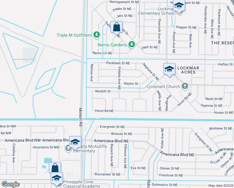 map of restaurants, bars, coffee shops, grocery stores, and more near 740 Pebble Avenue Northeast in Palm Bay