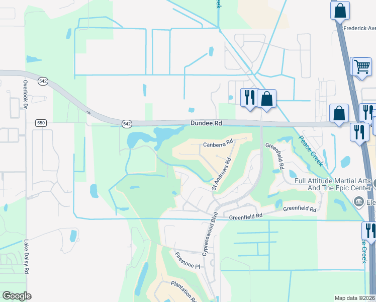 map of restaurants, bars, coffee shops, grocery stores, and more near 749 Canberra Road in Winter Haven