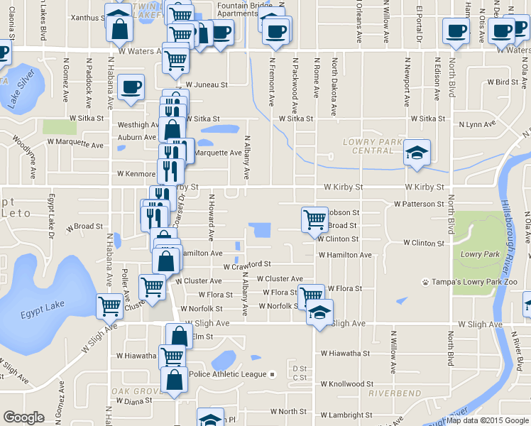map of restaurants, bars, coffee shops, grocery stores, and more near 1908 West Patterson Street in Tampa