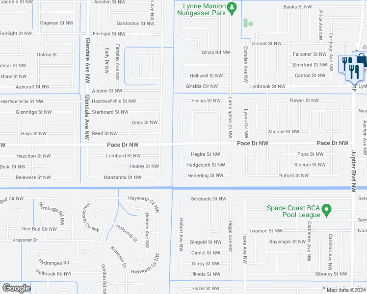 map of restaurants, bars, coffee shops, grocery stores, and more near 799 Gillen Avenue Northwest in Palm Bay