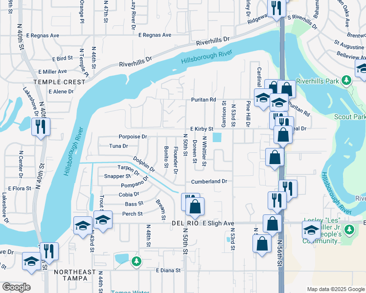 map of restaurants, bars, coffee shops, grocery stores, and more near 7132 North 50th Street in Tampa