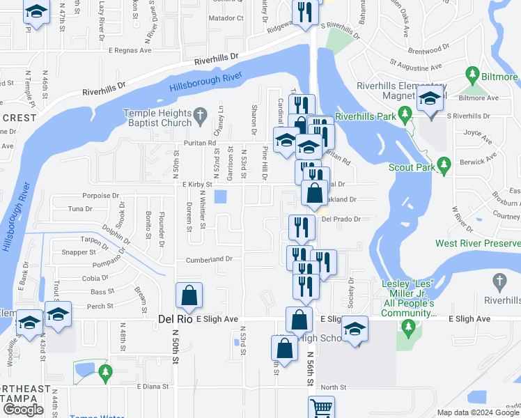 map of restaurants, bars, coffee shops, grocery stores, and more near 5309 Nancy Street in Tampa