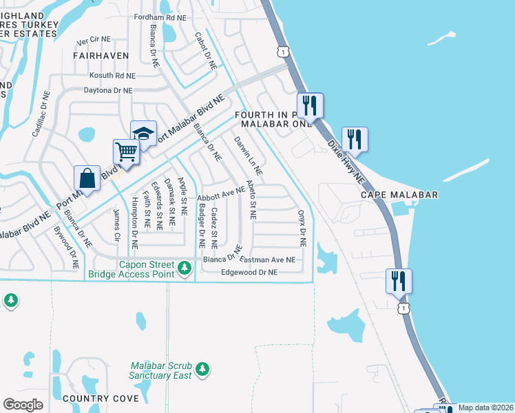 map of restaurants, bars, coffee shops, grocery stores, and more near 3201 Ideal Avenue Northeast in Palm Bay