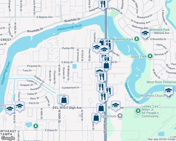 map of restaurants, bars, coffee shops, grocery stores, and more near 5309 Nancy Street in Tampa