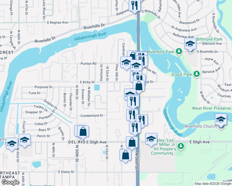 map of restaurants, bars, coffee shops, grocery stores, and more near 7601 Sharon Drive in Tampa
