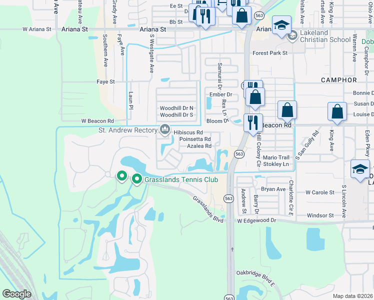 map of restaurants, bars, coffee shops, grocery stores, and more near 20 Azalea Road in Lakeland