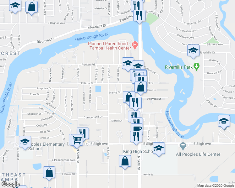 map of restaurants, bars, coffee shops, grocery stores, and more near 7601 Sharon Drive in Tampa